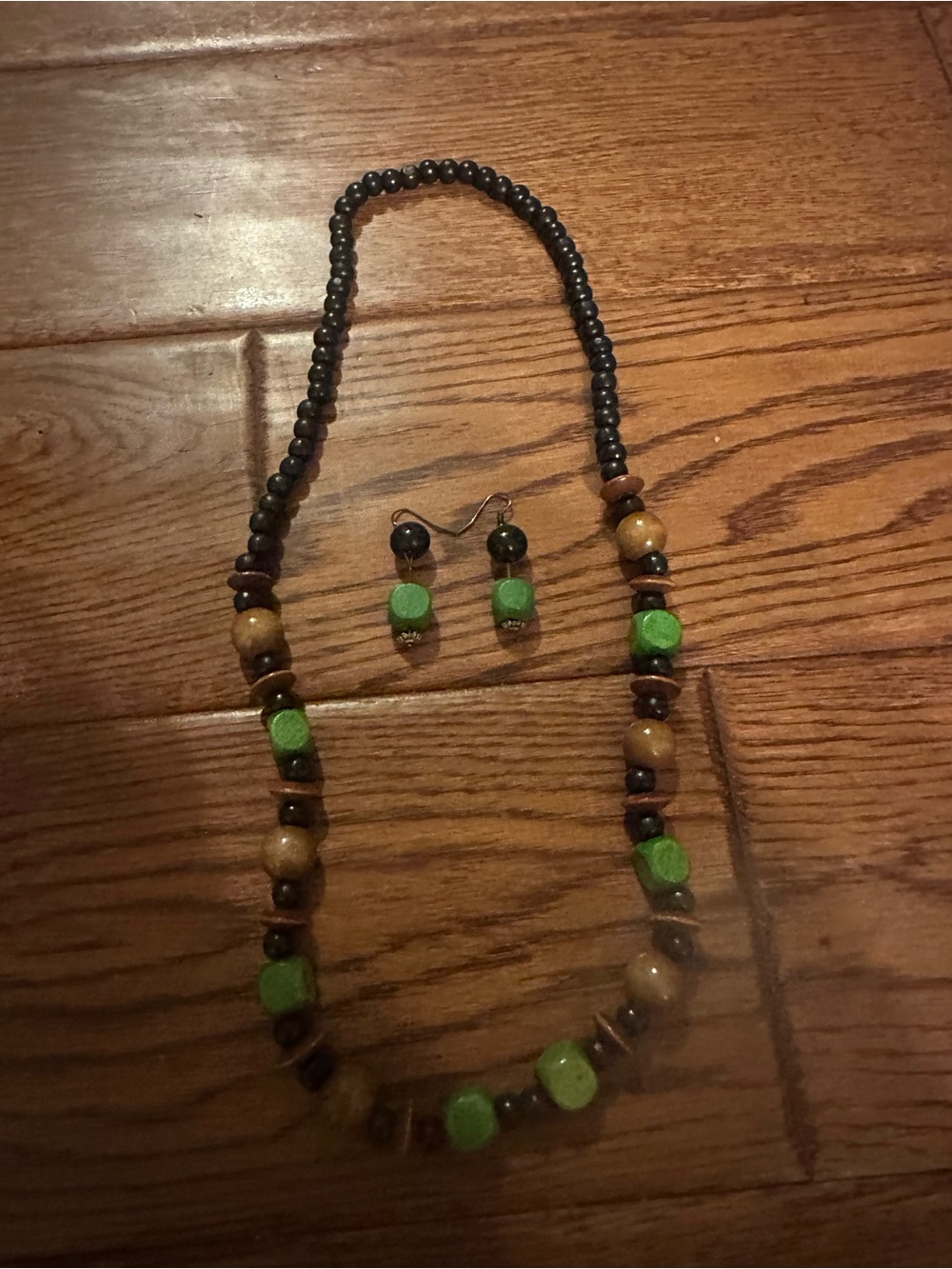 Green and Brown Beaded Necklace with Matching Earrings